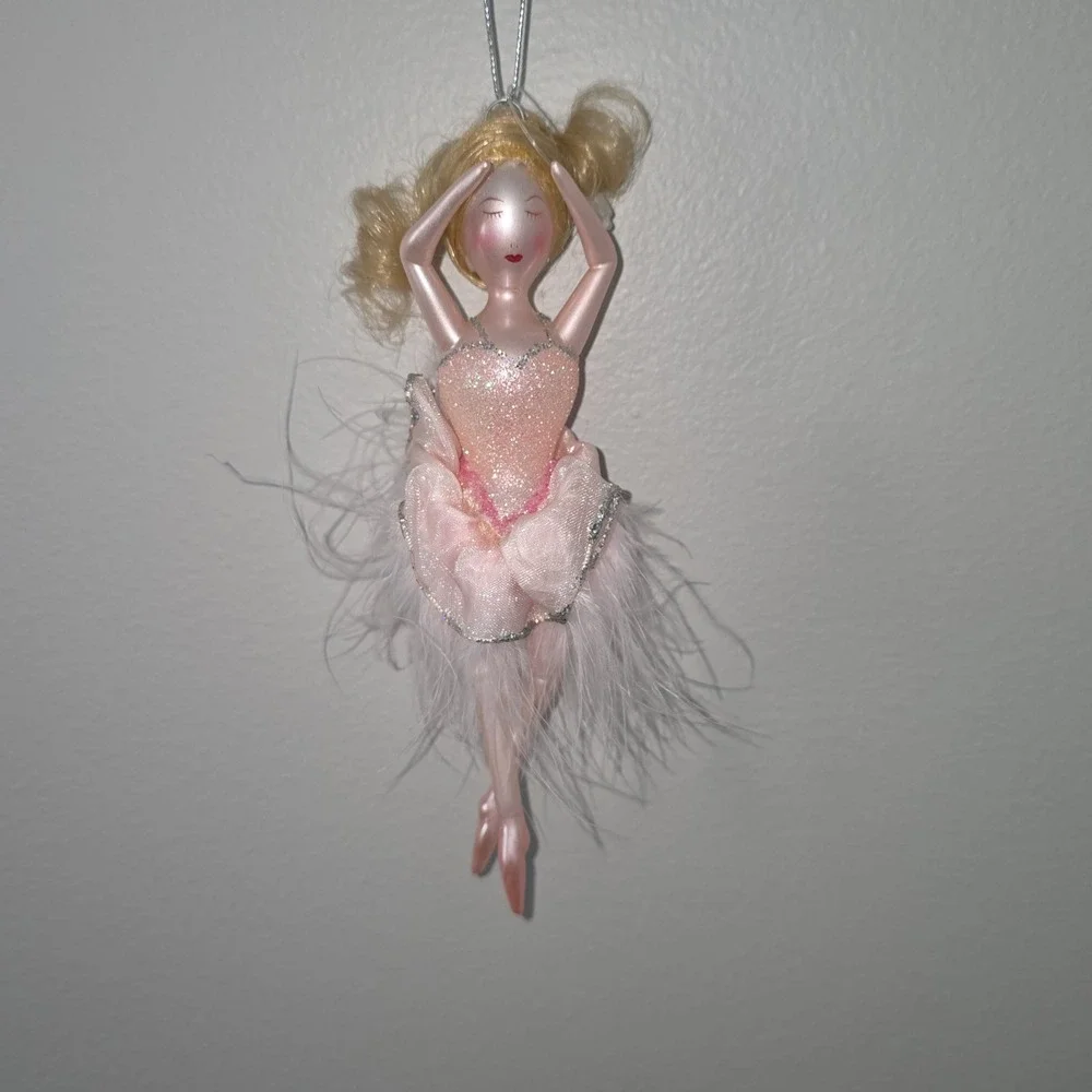 de carlini Glass Ballerina Ornament Feather Dress Tutu Glitter Blonde Dancer